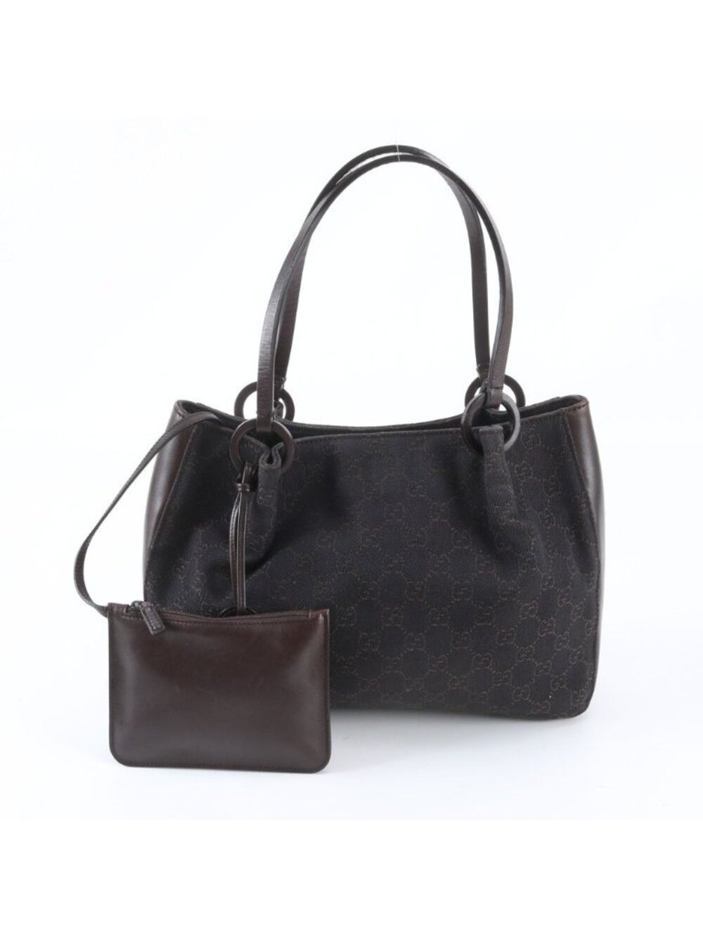 Gucci GG Canvas Leather Handbag with Tote Pouch Brown